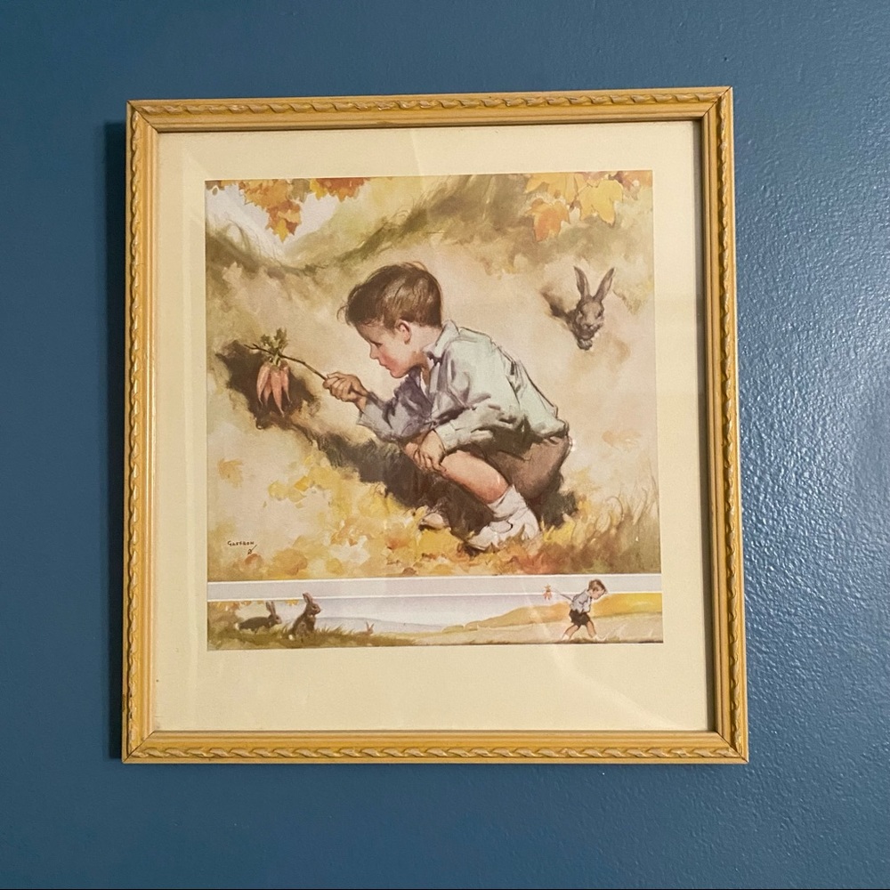 Framed Vintage Horace Gaffron Print Of Boy Trying To Catch Bunnies With Carrots - Picture 2 of 7
